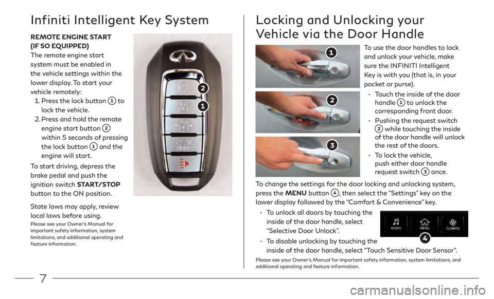 INFINITI Q50 2021  Quick Reference Guide 7
To use the door handles to lock 
and unlock your vehicle, make 
sure the INFINITI Intelligent 
Key is with you (that is, in your 
pocket or purse).
 •
   
T
 ouch the inside of the door 
handle 
 