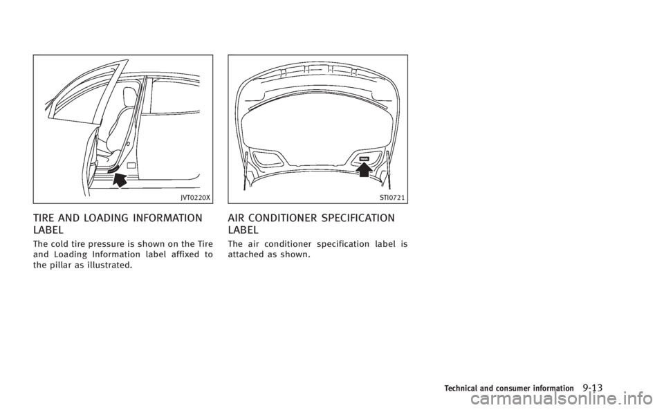 INFINITI Q50 HYBRID 2014 Owners Manual JVT0220X
TIRE AND LOADING INFORMATION
LABEL
The cold tire pressure is shown on the Tire
and Loading Information label affixed to
the pillar as illustrated.
STI0721
AIR CONDITIONER SPECIFICATION
LABEL
INFINITI Q50 HYBRID 2014 Owners Manual JVT0220X
TIRE AND LOADING INFORMATION
LABEL
The cold tire pressure is shown on the Tire
and Loading Information label affixed to
the pillar as illustrated.
STI0721
AIR CONDITIONER SPECIFICATION
LABEL
