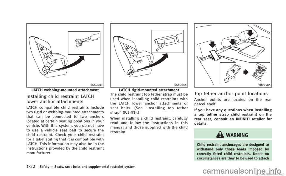 INFINITI Q50 HYBRID 2014 Workshop Manual 1-22Safety—Seats, seat belts and supplemental restraint system
SSS0643
LATCH webbing-mounted attachment
Installing child restraint LATCH
lower anchor attachments
LATCH compatible child restraints in INFINITI Q50 HYBRID 2014 Workshop Manual 1-22Safety—Seats, seat belts and supplemental restraint system
SSS0643
LATCH webbing-mounted attachment
Installing child restraint LATCH
lower anchor attachments
LATCH compatible child restraints in