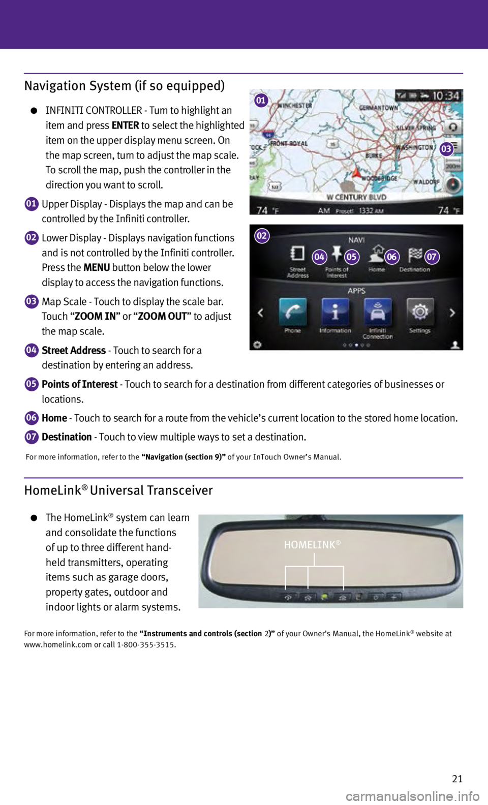 INFINITI Q50 HYBRID 2014 Quick Reference Guide 21
Navigation System (if so equipped)
INFINITI CONTROLLER - Turn to highlight an
item and press ENTER to select the highlighted
item on the upper display menu screen. On
the map screen, turn to INFINITI Q50 HYBRID 2014 Quick Reference Guide 21
Navigation System (if so equipped)
INFINITI CONTROLLER - Turn to highlight an
item and press ENTER to select the highlighted
item on the upper display menu screen. On
the map screen, turn to