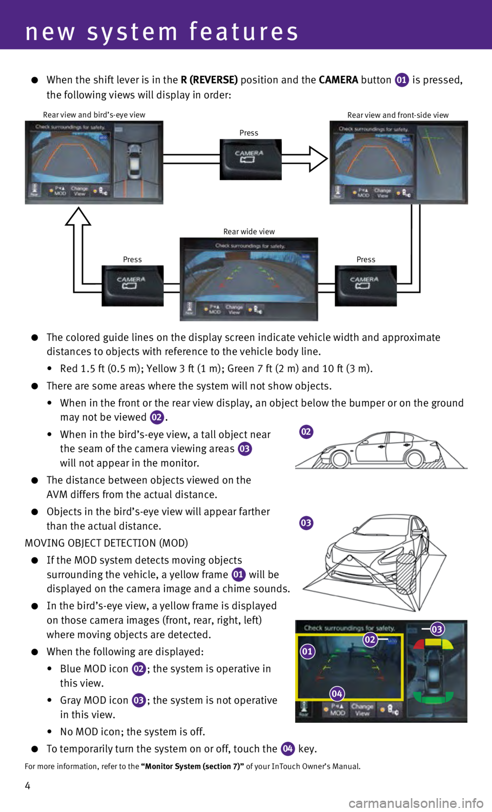INFINITI Q50 HYBRID 2014  Quick Reference Guide 4
03
  The colored guide lines on the display screen indicate vehicle width and\
 approximate  
 

 
distances to objects with reference to the vehicle body line.
 

 
•
  
Red 1.5 ft (0.5 m); Yello
