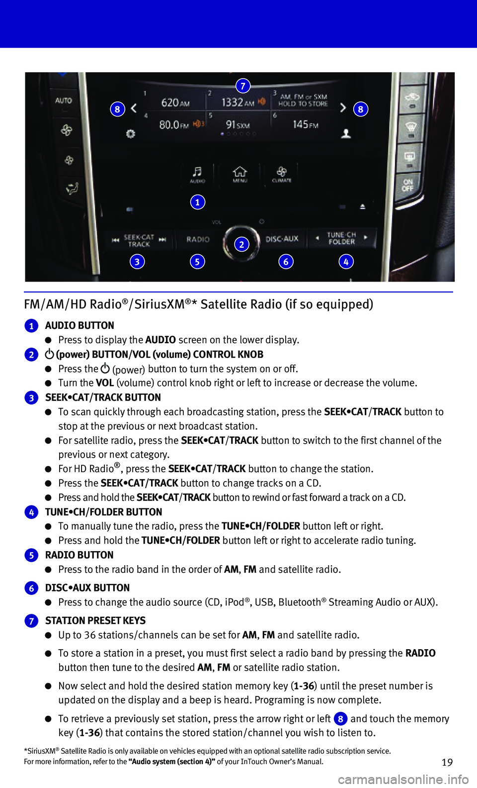 INFINITI Q50 HYBRID 2015 Quick Reference Guide 19
FM/AM/HD Radio®/SiriusXM®* Satellite Radio (if so equipped)
1 AUDIO BUTTON
Press to display the AUDIO screen on the lower display.
2 (power) BUTTON/VOL (volume) CONTROL KNOB
Press t INFINITI Q50 HYBRID 2015 Quick Reference Guide 19
FM/AM/HD Radio®/SiriusXM®* Satellite Radio (if so equipped)
1 AUDIO BUTTON
Press to display the AUDIO screen on the lower display.
2 (power) BUTTON/VOL (volume) CONTROL KNOB
Press t