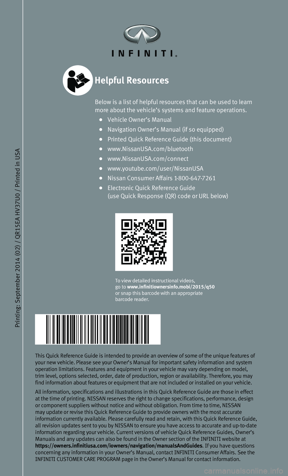 INFINITI Q50 HYBRID 2015  Quick Reference Guide Printing: September 2014 (02) / QR15EA HV37U0 / Printed in USA 
This Quick Reference Guide is intended to provide an overview of some of\
 the unique features of your new vehicle. Please see your Owne