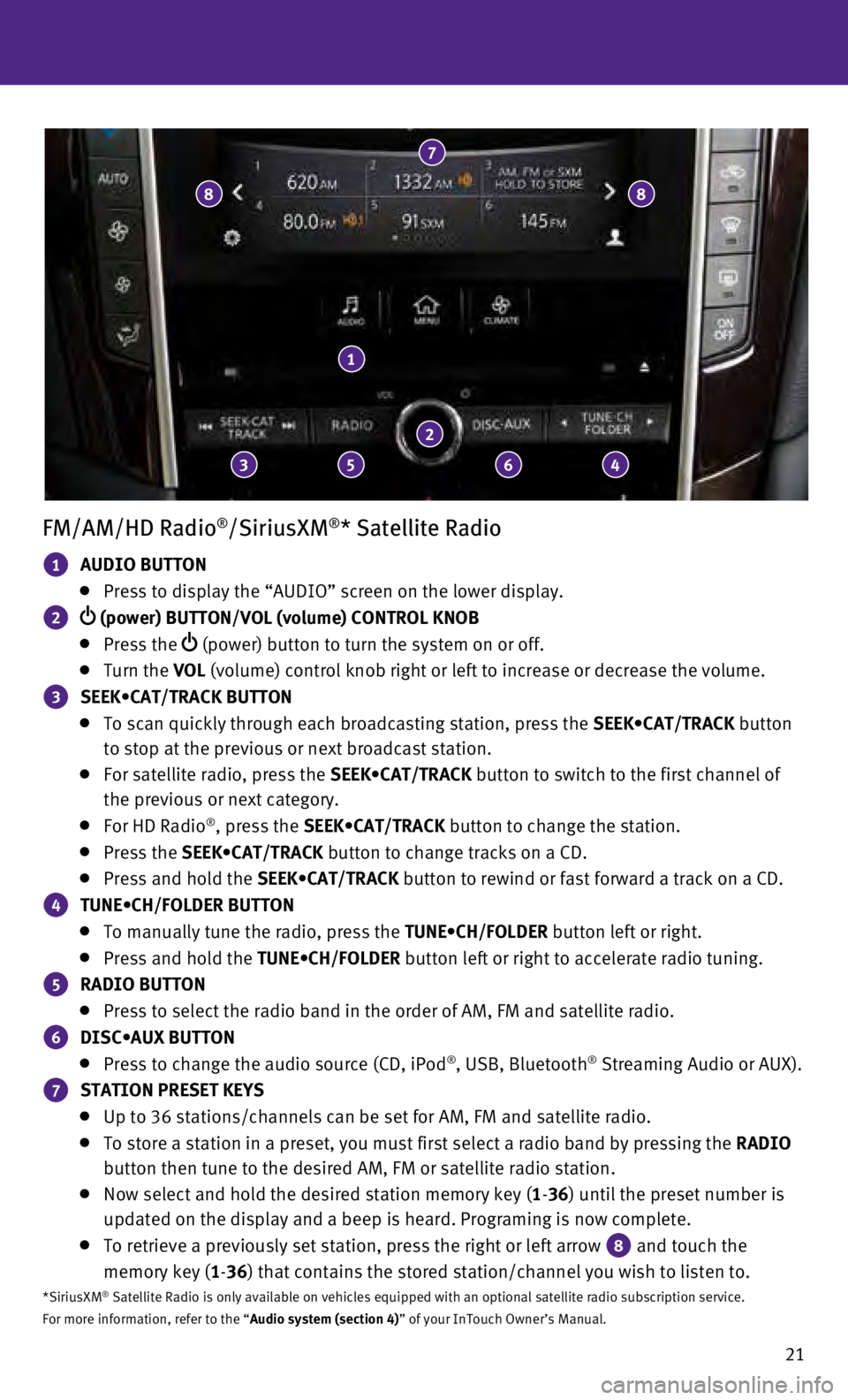 INFINITI Q50 HYBRID 2016  Quick Reference Guide 21
FM/AM/HD Radio®/SiriusXM®* Satellite Radio
 1  AUDIO BUTTON
   Press to display the “AUDIO” screen on the lower display.
 2   (power) BUTTON/VOL (volume) CONTROL KNOB
     Press  the  (power)