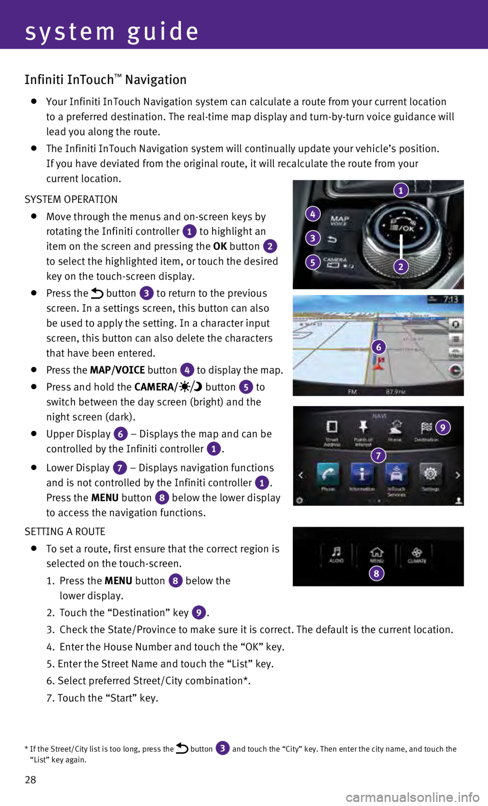 INFINITI Q50 HYBRID 2016  Quick Reference Guide 28
Infiniti InTouch™ Navigation
    Your Infiniti InTouch Navigation system can calculate a route from your \
current location 
to a preferred destination. The real-time map display and turn-by-turn