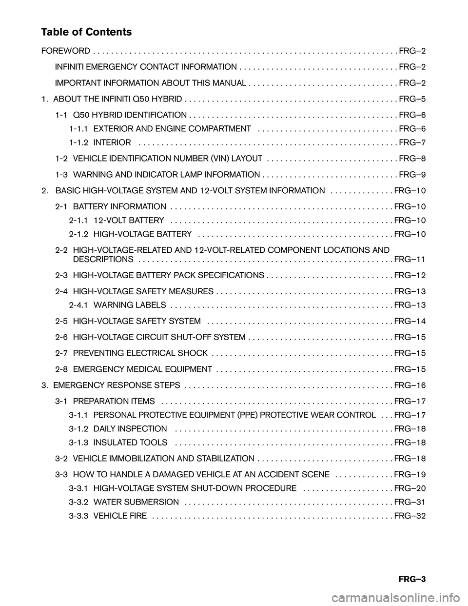 INFINITI Q50 HYBRID 2016  First responder´s Guide Table of Contents
FOREWORD
. . . . . . . . . . . . . . . . . . . . . . . . . . . . . . . . . . . . . . . . . . . . . . . . . . . . . . . . . . . . . . . . . . . FRG–2
INFINITI EMERGENCY CONTACT INFO