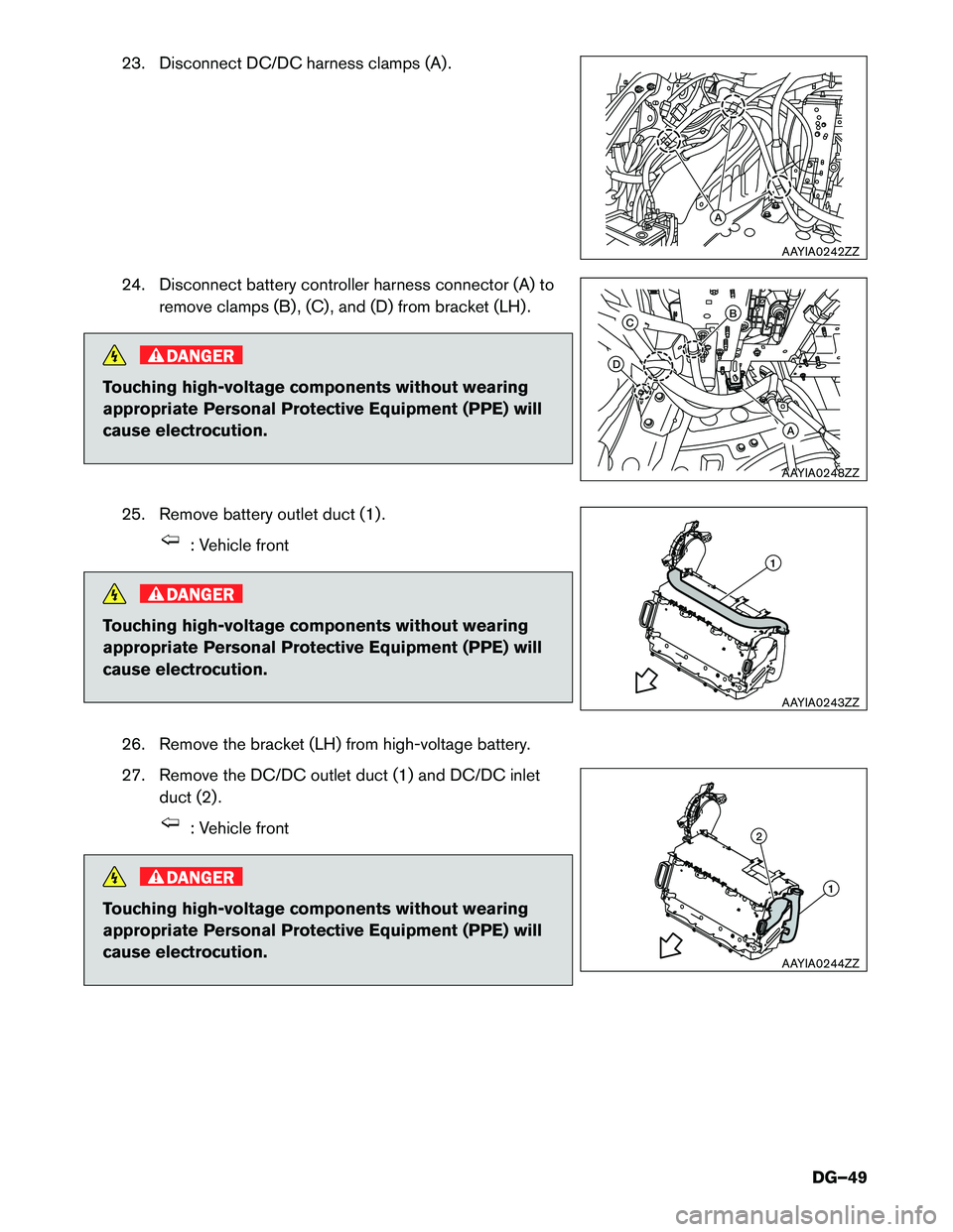INFINITI Q50 HYBRID 2016  Dismantling Guide 23. Disconnect DC/DC harness clamps (A) .
24.
Disconnect battery controller harness connector (A) to
remove clamps (B) , (C) , and (D) from bracket (LH) . DANGER
Touching high-voltage components witho