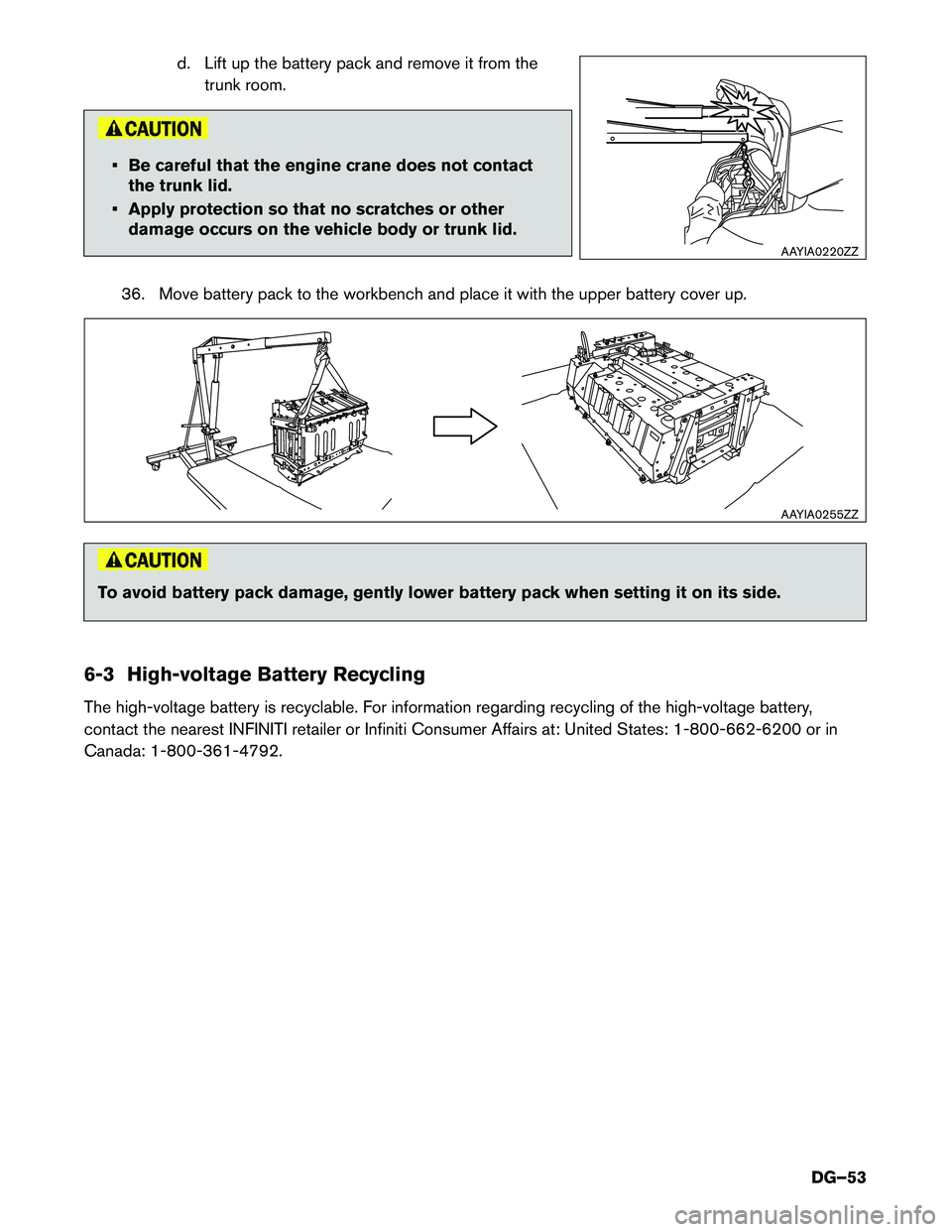 INFINITI Q50 HYBRID 2016 Dismantling Guide d. Lift up the battery pack and remove it from the
trunk room. • Be careful that the engine crane does not contact
the
trunk lid.
• Apply protection so that no scratches or other damage occurs on INFINITI Q50 HYBRID 2016 Dismantling Guide d. Lift up the battery pack and remove it from the
trunk room. • Be careful that the engine crane does not contact
the
trunk lid.
• Apply protection so that no scratches or other damage occurs on