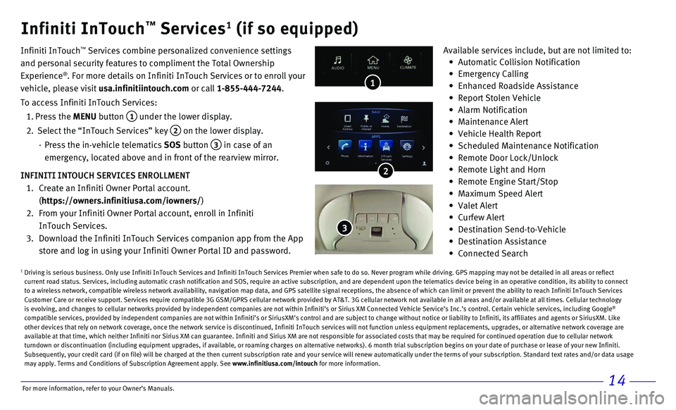 INFINITI Q50 HYBRID 2017 Quick Reference Guide 14
• Automatic Collision Notification
• Emergency Calling
• Enhanced Roadside Assistance
• Report Stolen Vehicle
• Alarm Notification
• Maintenance Alert
• Veh INFINITI Q50 HYBRID 2017 Quick Reference Guide 14
• Automatic Collision Notification
• Emergency Calling
• Enhanced Roadside Assistance
• Report Stolen Vehicle
• Alarm Notification
• Maintenance Alert
• Veh