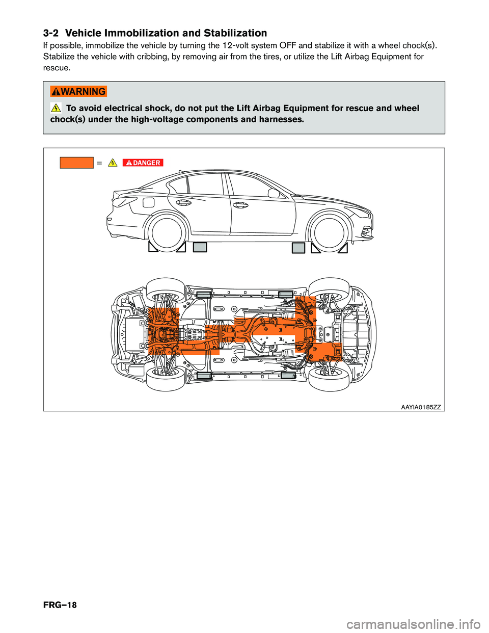 INFINITI Q50 HYBRID 2017  First responder´s Guide 3-2 Vehicle Immobilization and Stabilization
If
possible, immobilize the vehicle by turning the 12-volt system OFF and stabilize it with a wheel chock(s) .
Stabilize the vehicle with cribbing, by remo