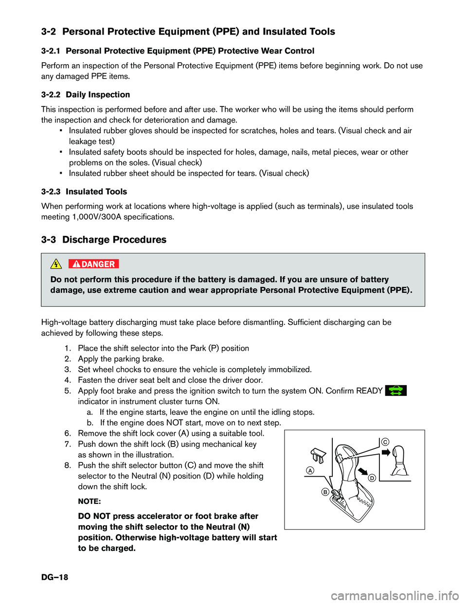 INFINITI Q50 HYBRID 2017  Dismantling Guide 3-2 Personal Protective Equipment (PPE) and Insulated Tools
3-2.1
Personal Protective Equipment (PPE) Protective Wear Control
Perform an inspection of the Personal Protective Equipment (PPE) items bef