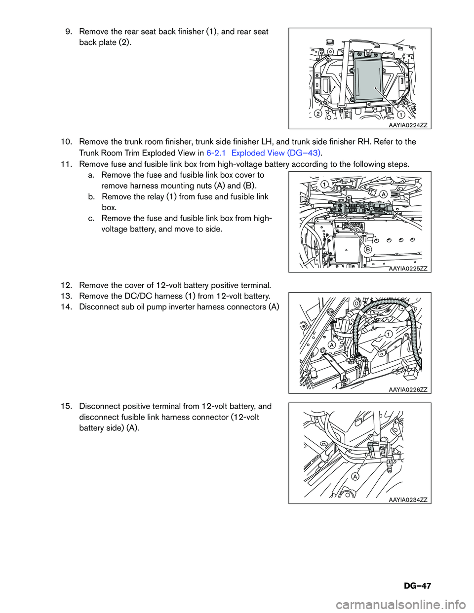 INFINITI Q50 HYBRID 2017  Dismantling Guide 9. Remove the rear seat back finisher (1) , and rear seat
back plate (2) .
10. Remove the trunk room finisher, trunk side finisher LH, and trunk side finisher RH. Refer to the Trunk Room Trim Exploded