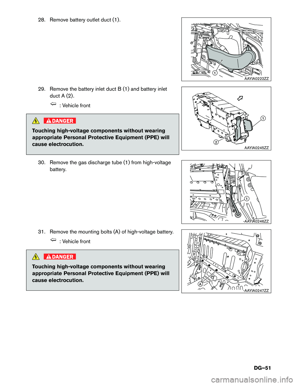 INFINITI Q50 HYBRID 2017 Dismantling Guide 28. Remove battery outlet duct (1) .
29.
Remove the battery inlet duct B (1) and battery inlet
duct A (2) . : Vehicle front
DANGER
Touching high-voltage components without wearing
appropriate
Persona INFINITI Q50 HYBRID 2017 Dismantling Guide 28. Remove battery outlet duct (1) .
29.
Remove the battery inlet duct B (1) and battery inlet
duct A (2) . : Vehicle front
DANGER
Touching high-voltage components without wearing
appropriate
Persona