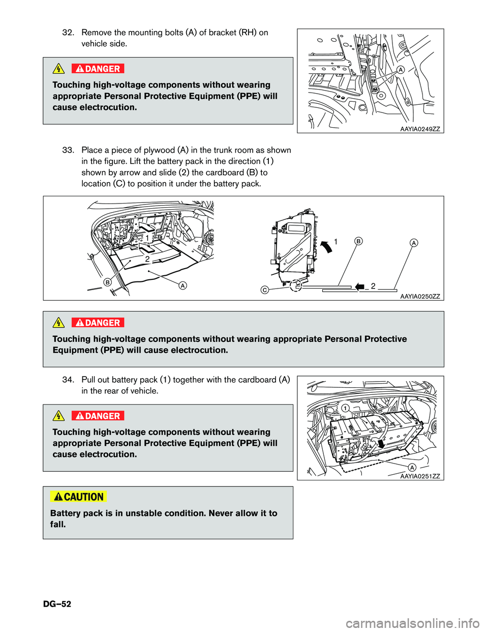 INFINITI Q50 HYBRID 2017  Dismantling Guide 32. Remove the mounting bolts (A) of bracket (RH) on
vehicle side. DANGER
Touching high-voltage components without wearing
appropriate

Personal Protective Equipment (PPE) will
cause electrocution.
33