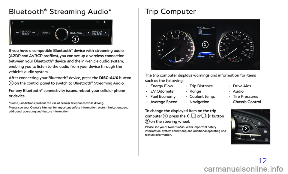 INFINITI Q50 HYBRID 2018  Quick Reference Guide 12
If you have a compatible Bluetooth® device with streaming audio 
(A2DP and AVRCP profiles), you can set up a wireless connection 
between your Bluetooth
® device and the in-vehicle audio system, 