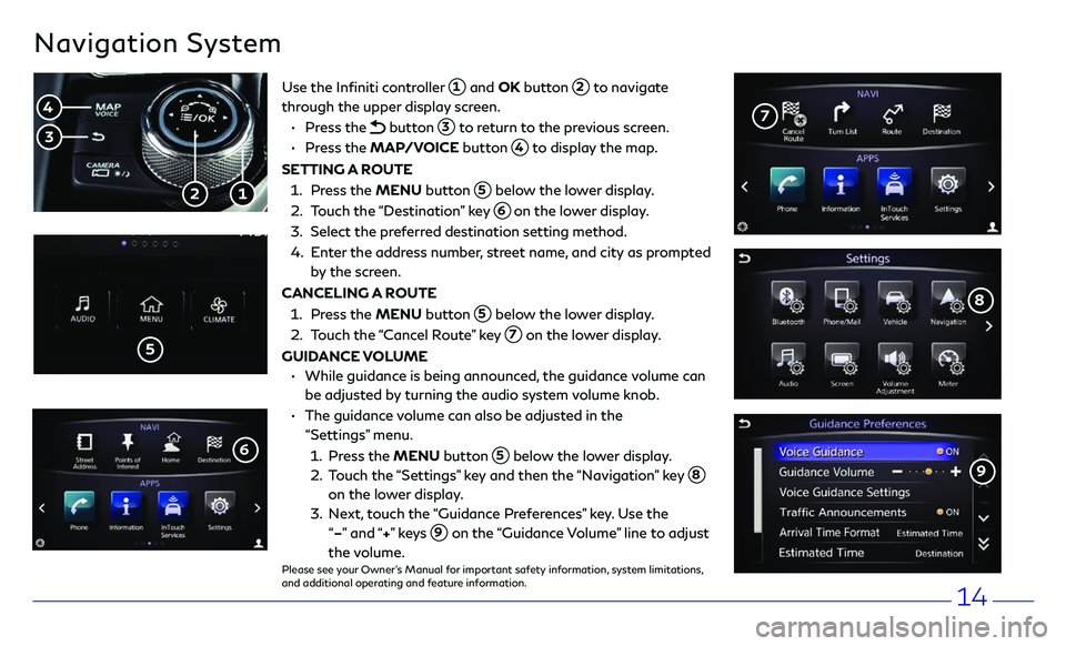 INFINITI Q50 HYBRID 2018 Quick Reference Guide 14
Navigation System
Use the Infiniti controller 1 and OK button 2 to navigate
through the upper display screen.
• Press the button 3 to return to the previous screen.
• Press the INFINITI Q50 HYBRID 2018 Quick Reference Guide 14
Navigation System
Use the Infiniti controller 1 and OK button 2 to navigate
through the upper display screen.
• Press the button 3 to return to the previous screen.
• Press the