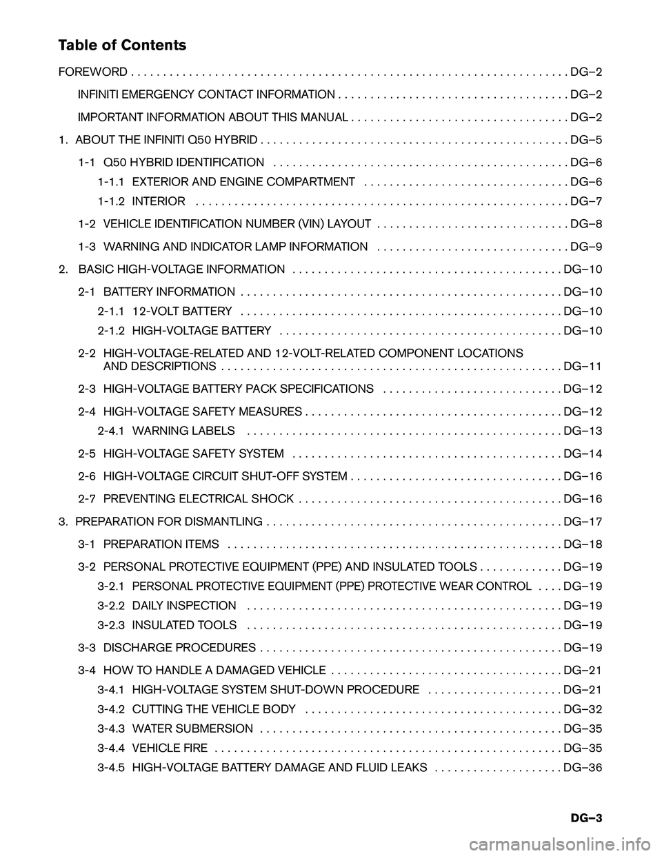 INFINITI Q50 HYBRID 2018  Dismantling Guide Table of Contents
FOREWORD
. . . . . . . . . . . . . . . . . . . . . . . . . . . . . . . . . . . . . . . . . . . . . . . . . . . . . . . . . . . . . . . . . . . . DG–2
INFINITI EMERGENCY CONTACT INF