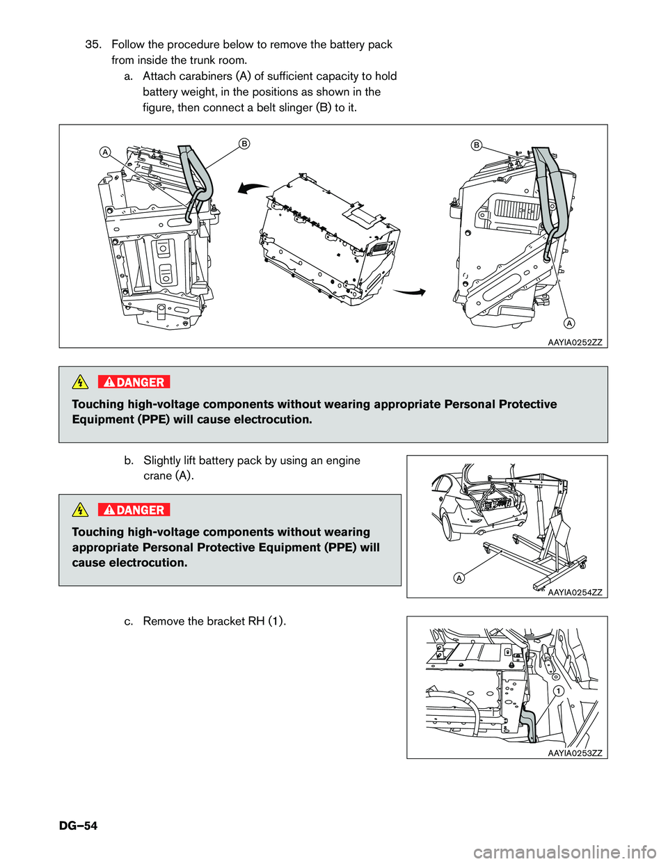 INFINITI Q50 HYBRID 2018  Dismantling Guide 35. Follow the procedure below to remove the battery pack
from inside the trunk room.
a. Attach carabiners (A) of sufficient capacity to hold battery weight, in the positions as shown in the
figure, t