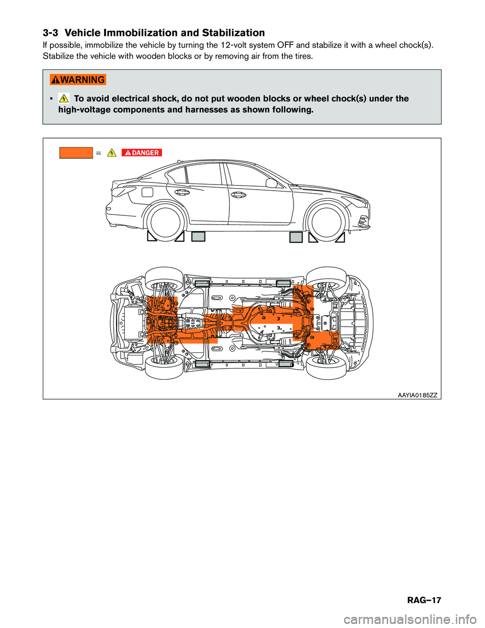 INFINITI Q50 HYBRID 2018 Roadside Assistance Guide 3-3 Vehicle Immobilization and Stabilization
If
possible, immobilize the vehicle by turning the 12-volt system OFF and stabilize it with a wheel chock(s) .
Stabilize the vehicle with wooden blocks or INFINITI Q50 HYBRID 2018 Roadside Assistance Guide 3-3 Vehicle Immobilization and Stabilization
If
possible, immobilize the vehicle by turning the 12-volt system OFF and stabilize it with a wheel chock(s) .
Stabilize the vehicle with wooden blocks or