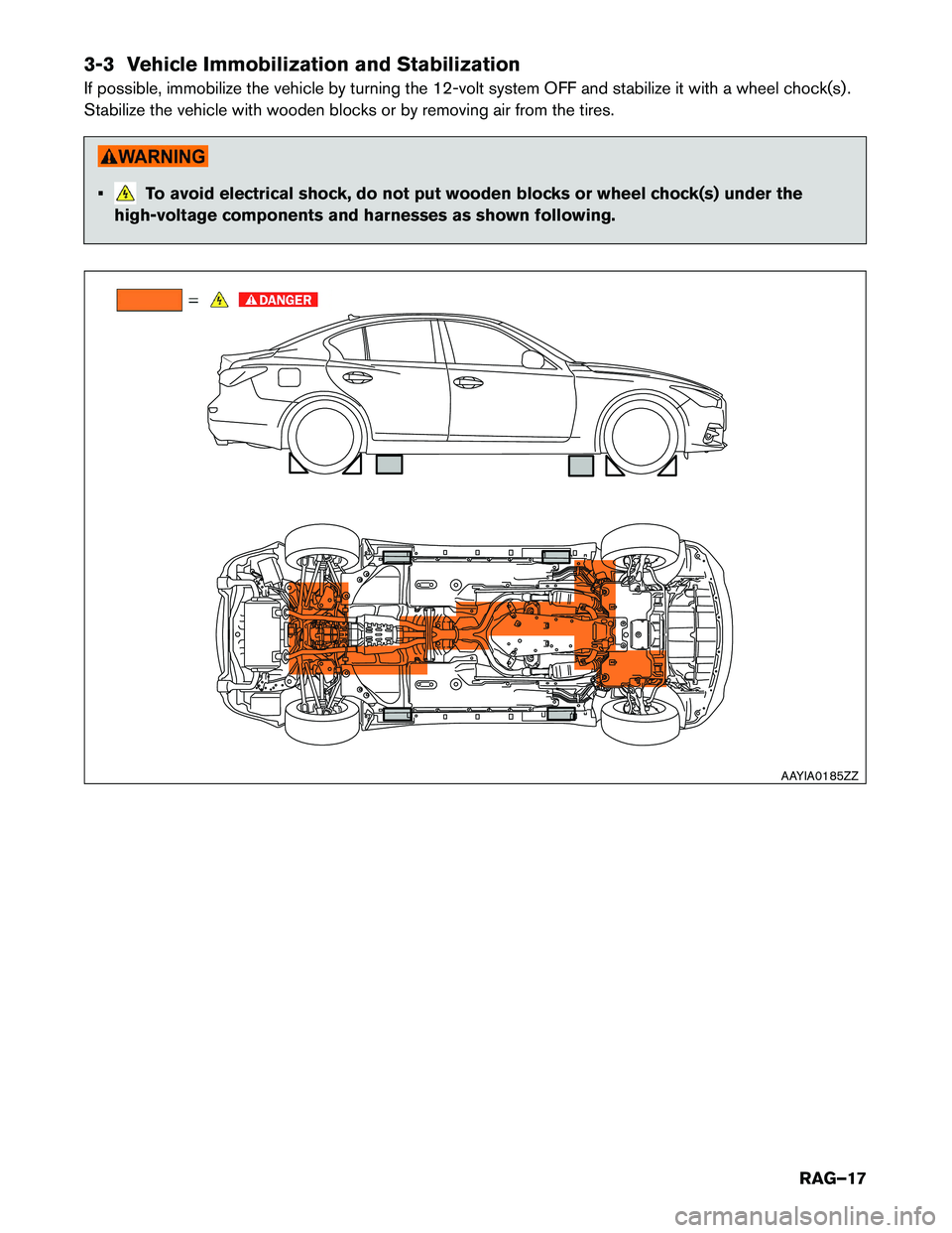 INFINITI Q50 HYBRID 2018  Roadside Assistance Guide 3-3 Vehicle Immobilization and Stabilization
If
possible, immobilize the vehicle by turning the 12-volt system OFF and stabilize it with a wheel chock(s) .
Stabilize the vehicle with wooden blocks or 