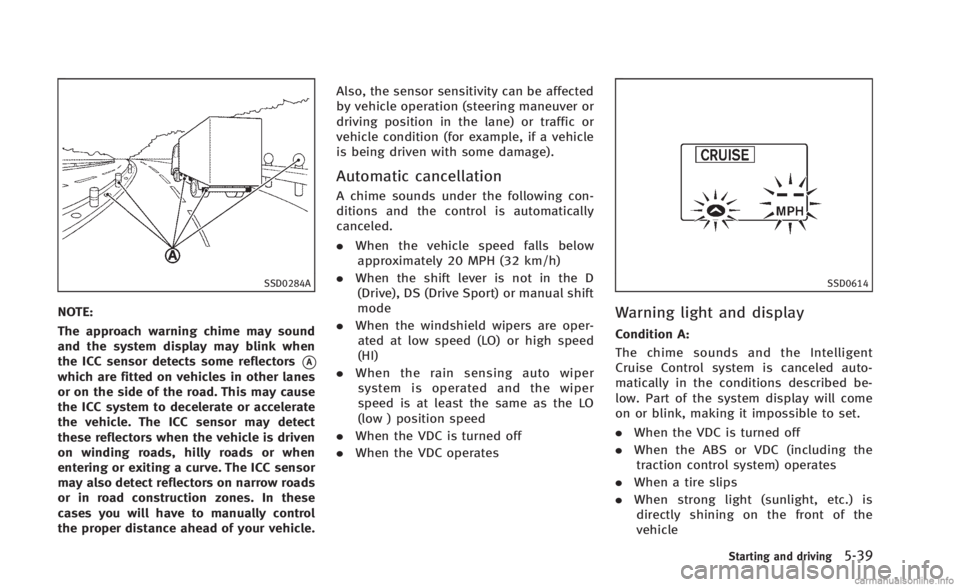 INFINITI Q60 CONVERTIBLE 2014  Owners Manual SSD0284A
NOTE:
The approach warning chime may sound
and the system display may blink when
the ICC sensor detects some reflectors
*Awhich are fitted on vehicles in other lanes
or on the side of the roa
