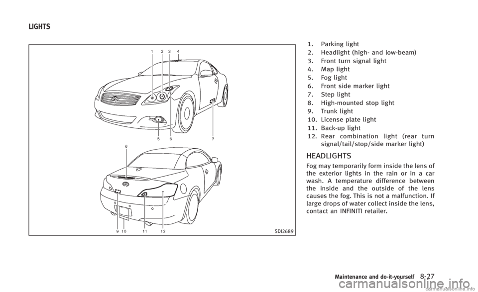 INFINITI Q60 CONVERTIBLE 2014 Owners Manual SDI2689
1. Parking light
2. Headlight (high- and low-beam)
3. Front turn signal light
4. Map light
5. Fog light
6. Front side marker light
7. Step light
8. High-mounted stop light
9. Trunk light
10. L INFINITI Q60 CONVERTIBLE 2014 Owners Manual SDI2689
1. Parking light
2. Headlight (high- and low-beam)
3. Front turn signal light
4. Map light
5. Fog light
6. Front side marker light
7. Step light
8. High-mounted stop light
9. Trunk light
10. L