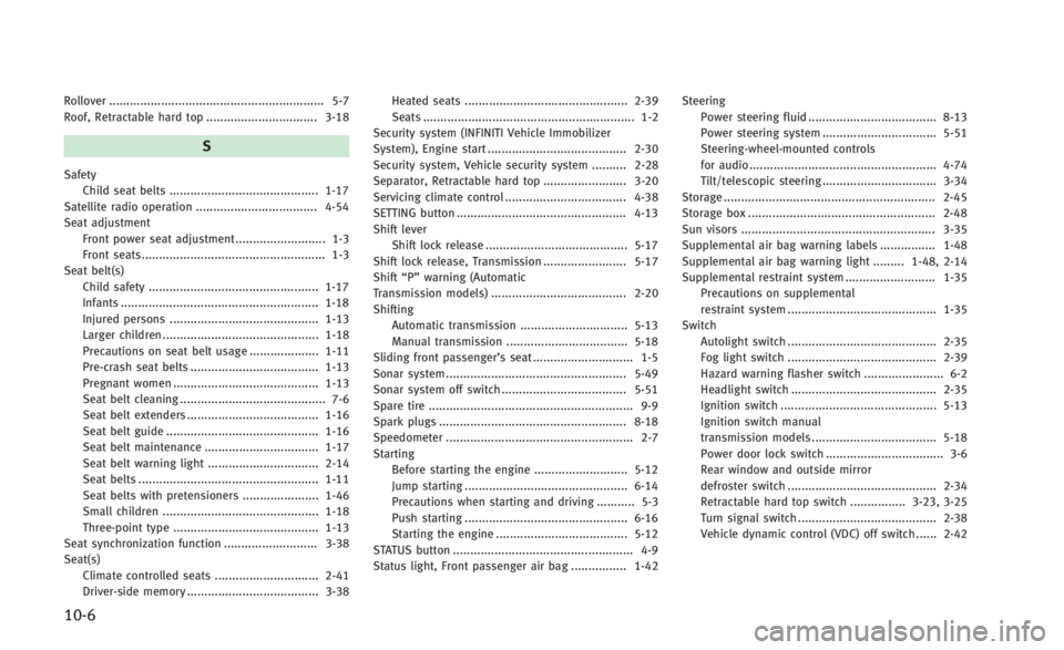 INFINITI Q60 CONVERTIBLE 2014  Owners Manual 10-6
Rollover .............................................................. 5-7
Roof, Retractable hard top ................................ 3-18
S
SafetyChild seat belts .............................