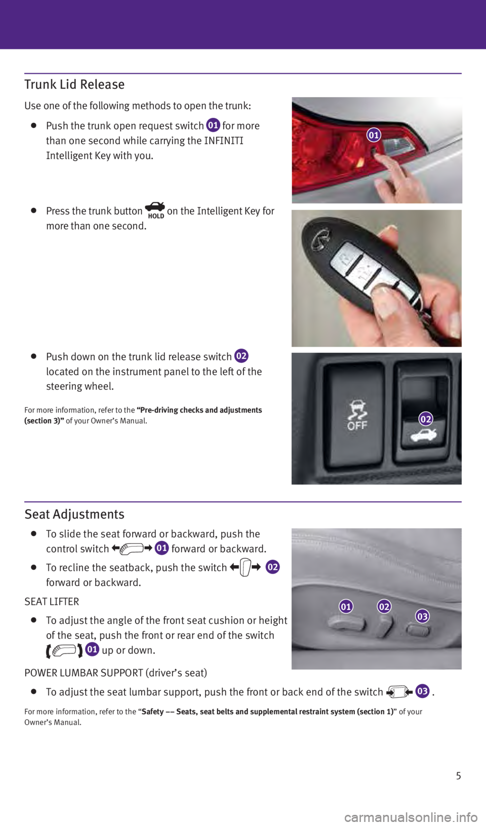 INFINITI Q60 CONVERTIBLE 2014  Quick Reference Guide Seat Adjustments
   To slide the seat forward or backward, push the 
control switch  
 01 forward or backward.
   To recline the seatback, push the switch
   02  
 
forward or backward.
SEAT LIFTER
  