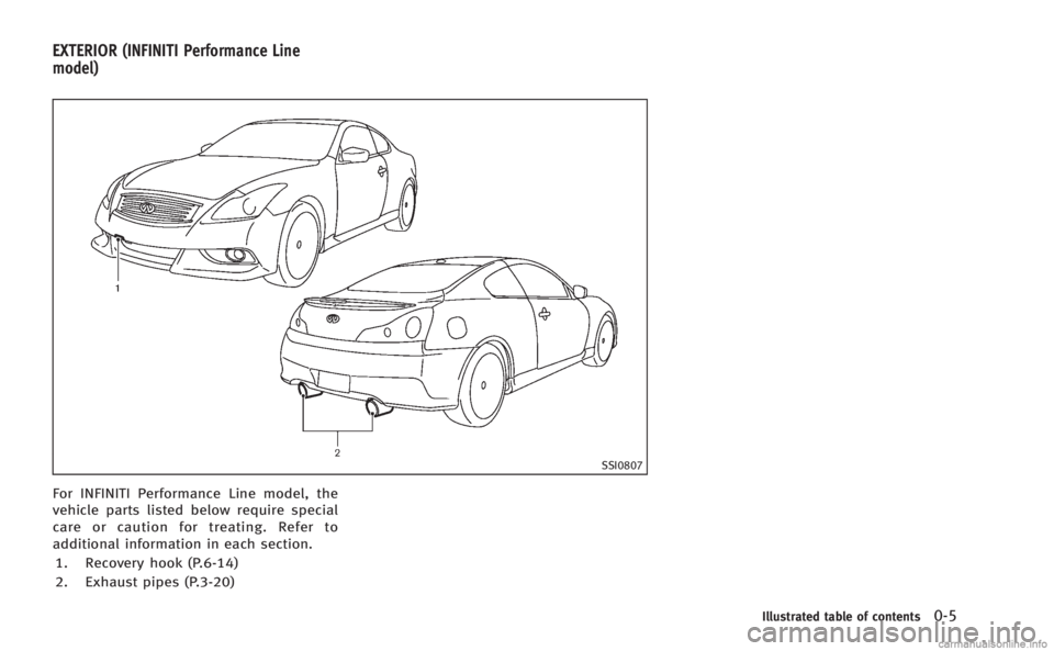 INFINITI Q60 COUPE 2014 User Guide SSI0807
For INFINITI Performance Line model, the
vehicle parts listed below require special
care or caution for treating. Refer to
additional information in each section.1. Recovery hook (P.6-14)
2. E INFINITI Q60 COUPE 2014 User Guide SSI0807
For INFINITI Performance Line model, the
vehicle parts listed below require special
care or caution for treating. Refer to
additional information in each section.1. Recovery hook (P.6-14)
2. E
