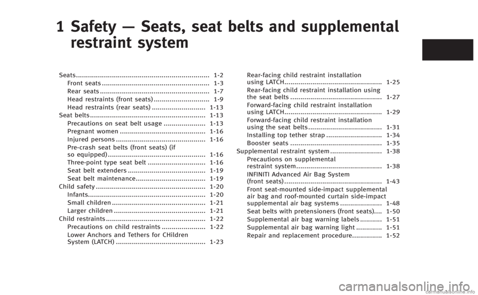 INFINITI Q60 COUPE 2014  Owners Manual 1 Safety—Seats, seat belts and supplemental
restraint system
Seats ................................................................... 1-2
Front seats ...............................................