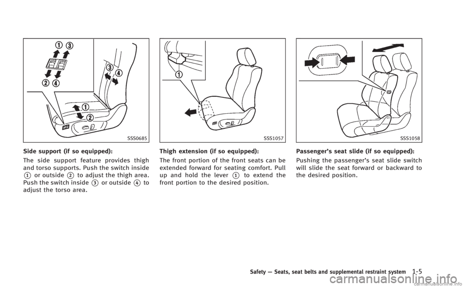 INFINITI Q60 COUPE 2014 Owners Guide SSS0685
Side support (if so equipped):
The side support feature provides thigh
and torso supports. Push the switch inside
*1or outside*2to adjust the thigh area.
Push the switch inside
*3or outside*4t