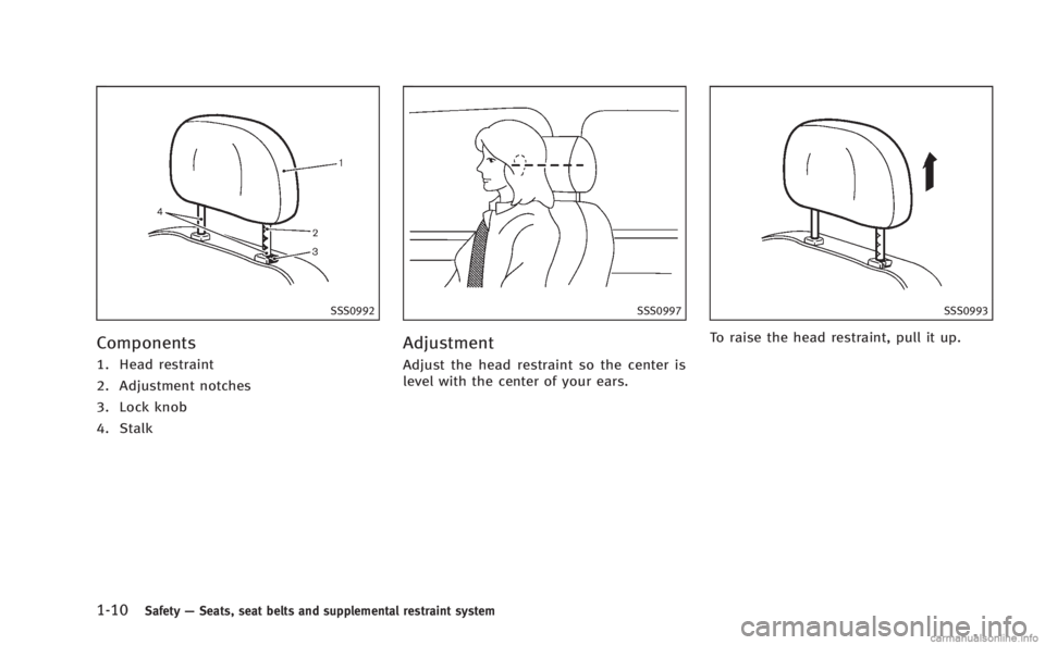INFINITI Q60 COUPE 2014 Owners Guide 1-10Safety—Seats, seat belts and supplemental restraint system
SSS0992
Components
1. Head restraint
2. Adjustment notches
3. Lock knob
4. Stalk
SSS0997
Adjustment
Adjust the head restraint so the ce INFINITI Q60 COUPE 2014 Owners Guide 1-10Safety—Seats, seat belts and supplemental restraint system
SSS0992
Components
1. Head restraint
2. Adjustment notches
3. Lock knob
4. Stalk
SSS0997
Adjustment
Adjust the head restraint so the ce