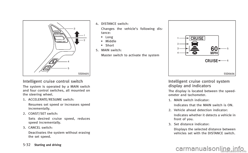 INFINITI Q60 COUPE 2014  Owners Manual 5-32Starting and driving
SSD0605
Intelligent cruise control switch
The system is operated by a MAIN switch
and four control switches, all mounted on
the steering wheel.
1. ACCELERATE/RESUME switch:Res