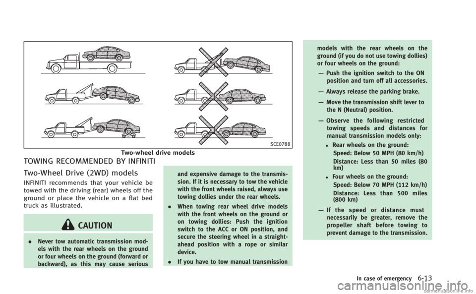 INFINITI Q60 COUPE 2014  Owners Manual SCE0788
Two-wheel drive models
TOWING RECOMMENDED BY INFINITI
Two-Wheel Drive (2WD) models
INFINITI recommends that your vehicle be
towed with the driving (rear) wheels off the
ground or place the veh