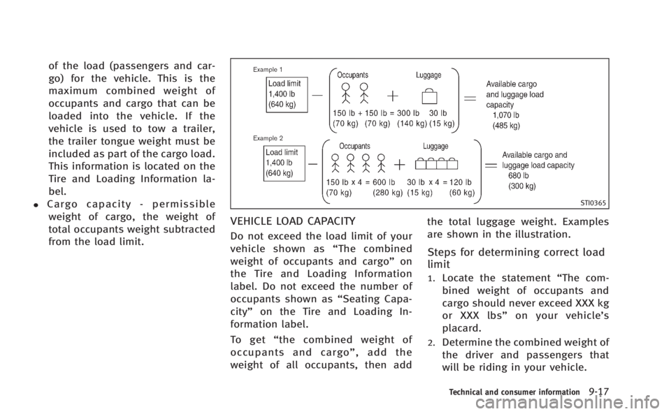 INFINITI Q60 COUPE 2014  Owners Manual of the load (passengers and car-
go) for the vehicle. This is the
maximum combined weight of
occupants and cargo that can be
loaded into the vehicle. If the
vehicle is used to tow a trailer,
the trail