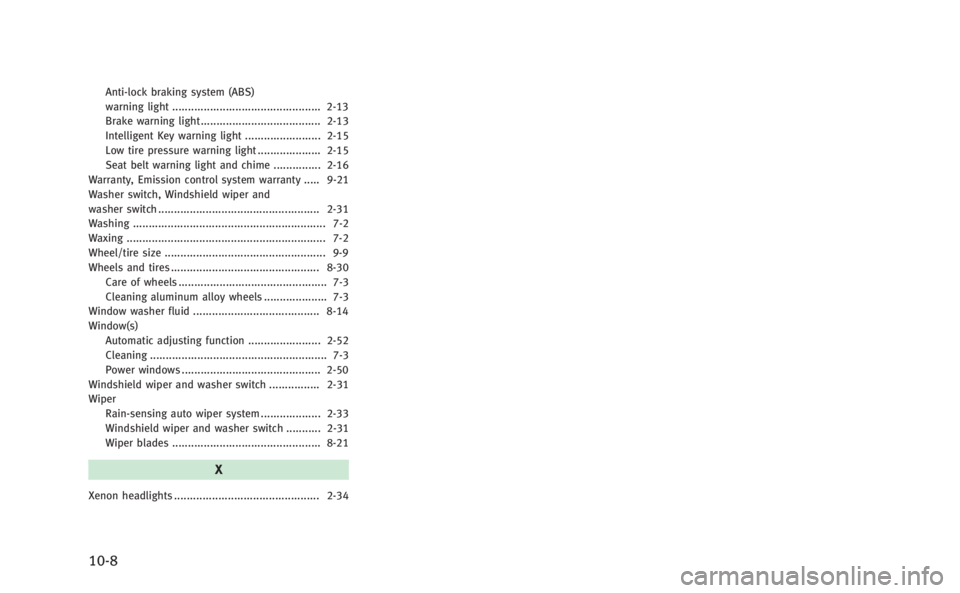 INFINITI Q60 COUPE 2014  Owners Manual 10-8
Anti-lock braking system (ABS)
warning light ............................................... 2-13
Brake warning light ...................................... 2-13
Intelligent Key warning light ...