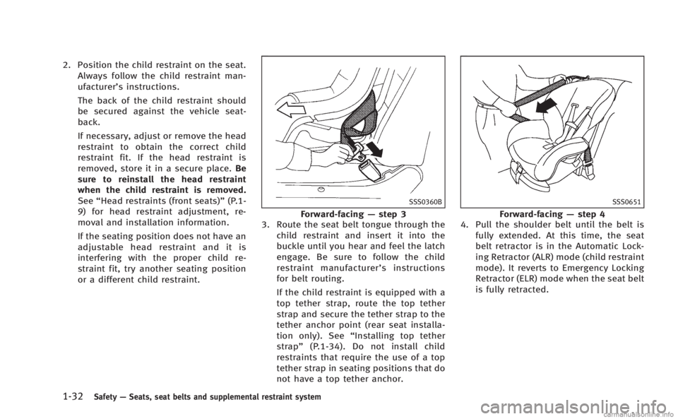 INFINITI Q60 COUPE 2014 Workshop Manual 1-32Safety—Seats, seat belts and supplemental restraint system
2. Position the child restraint on the seat.
Always follow the child restraint man-
ufacturer’s instructions.
The back of the child r