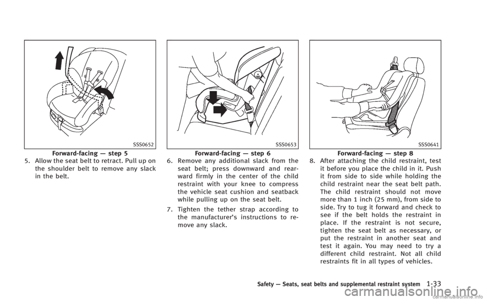 INFINITI Q60 COUPE 2014 Workshop Manual SSS0652
Forward-facing—step 5
5. Allow the seat belt to retract. Pull up on
the shoulder belt to remove any slack
in the belt.
SSS0653
Forward-facing —step 6
6. Remove any additional slack from th
