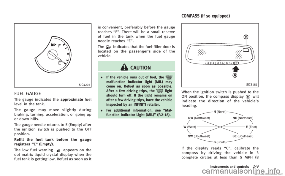 INFINITI Q60 COUPE 2014 Manual PDF SIC4292
FUEL GAUGE
The gauge indicates theapproximatefuel
level in the tank.
The gauge may move slightly during
braking, turning, acceleration, or going up
or down hills.
The gauge needle returns to E