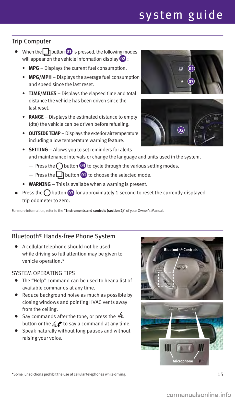 INFINITI Q60 COUPE 2014  Quick Reference Guide 15
Bluetooth® Hands-free Phone System
   A cellular telephone should not be used   
while driving so full attention may be given to 
vehicle operation.*
SySTEM OPERATING TIPS    The “Help” comman