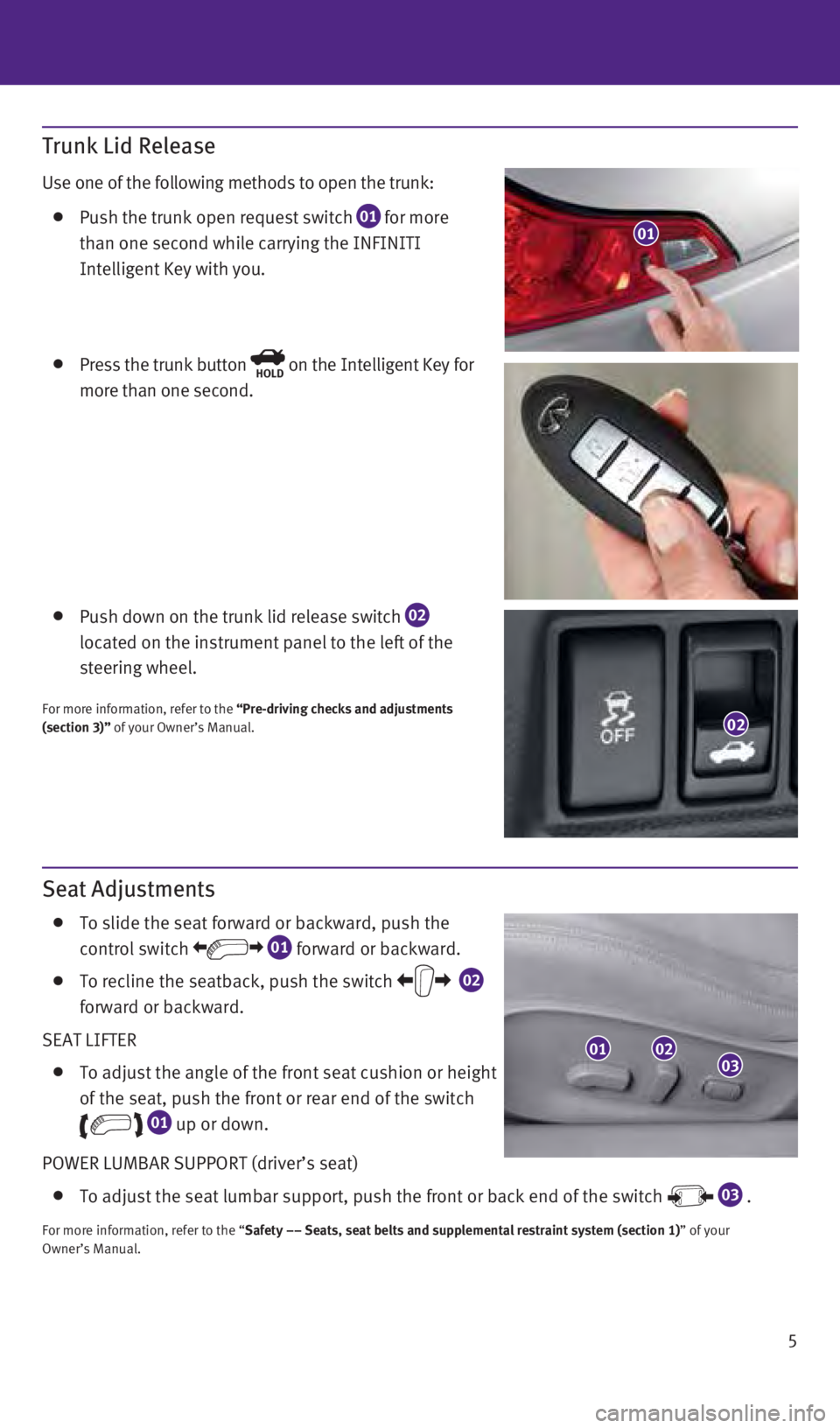 INFINITI Q60 COUPE 2014  Quick Reference Guide Seat Adjustments
   To slide the seat forward or backward, push the 
control switch  
 01 forward or backward.
   To recline the seatback, push the switch
   02  
 
forward or backward.
SEAT LIFTER
  