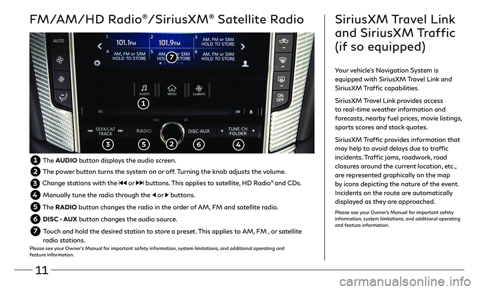 INFINITI Q60 COUPE 2018 Quick Reference Guide 11
FM/AM/HD Radio®/SiriusXM® Satellite Radio
1
2 3 5 6
7
SiriusXM Travel Link
and SiriusXM Traffic
(if so equipped)
Your vehicle’s Navigation System is
equipped with SiriusXM Travel Link a INFINITI Q60 COUPE 2018 Quick Reference Guide 11
FM/AM/HD Radio®/SiriusXM® Satellite Radio
1
2 3 5 6
7
SiriusXM Travel Link
and SiriusXM Traffic
(if so equipped)
Your vehicle’s Navigation System is
equipped with SiriusXM Travel Link a