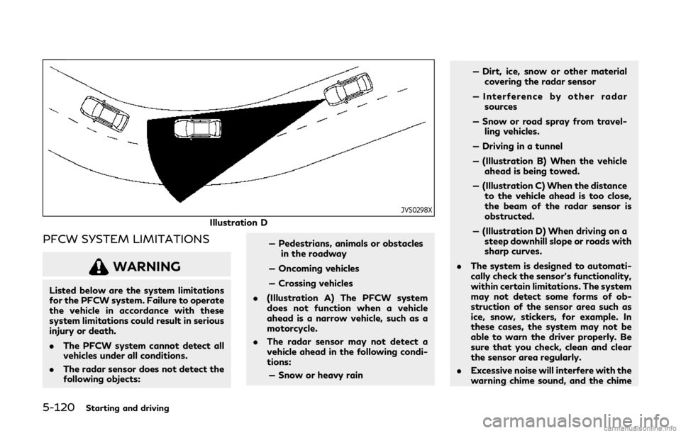 INFINITI Q60 COUPE 2019 Manual PDF 5-120Starting and driving
JVS0298X
Illustration D
PFCW SYSTEM LIMITATIONS
WARNING
Listed below are the system limitations
for the PFCW system. Failure to operate
the vehicle in accordance with these
s INFINITI Q60 COUPE 2019 Manual PDF 5-120Starting and driving
JVS0298X
Illustration D
PFCW SYSTEM LIMITATIONS
WARNING
Listed below are the system limitations
for the PFCW system. Failure to operate
the vehicle in accordance with these
s