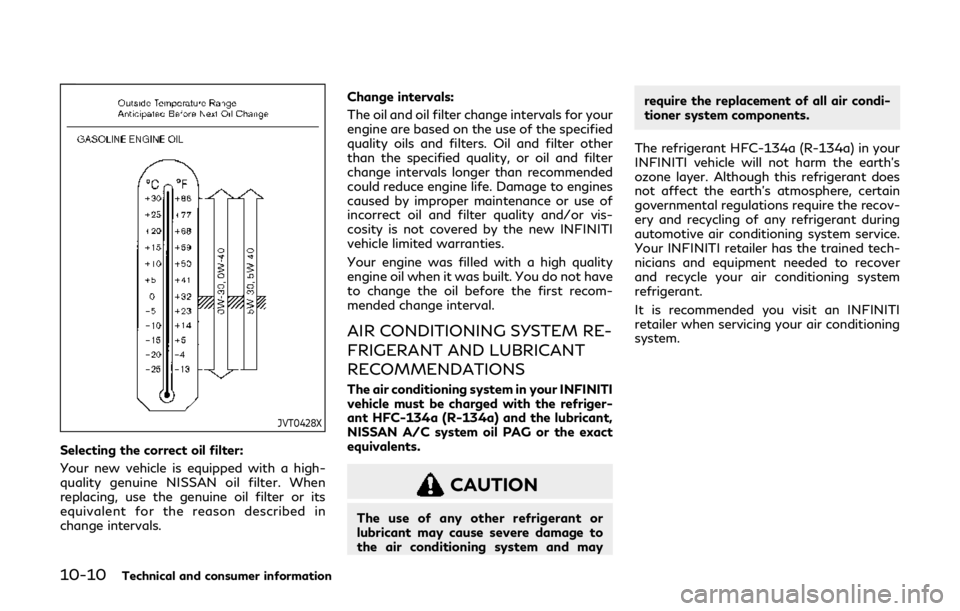 INFINITI Q60 COUPE 2019 Owners Manual 10-10Technical and consumer information
JVT0428X
Selecting the correct oil filter:
Your new vehicle is equipped with a high-
quality genuine NISSAN oil filter. When
replacing, use the genuine oil filt INFINITI Q60 COUPE 2019 Owners Manual 10-10Technical and consumer information
JVT0428X
Selecting the correct oil filter:
Your new vehicle is equipped with a high-
quality genuine NISSAN oil filter. When
replacing, use the genuine oil filt