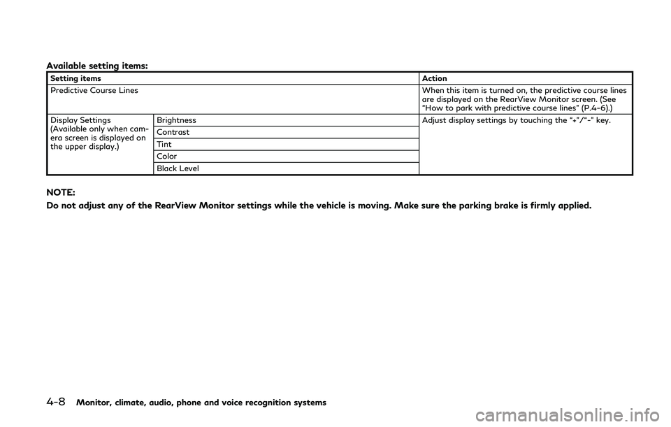 INFINITI Q60 COUPE 2020 Service Manual 4-8Monitor, climate, audio, phone and voice recognition systems
Available setting items:
Setting itemsAction
Predictive Course Lines When this item is turned on, the predictive course lines
are displa INFINITI Q60 COUPE 2020 Service Manual 4-8Monitor, climate, audio, phone and voice recognition systems
Available setting items:
Setting itemsAction
Predictive Course Lines When this item is turned on, the predictive course lines
are displa