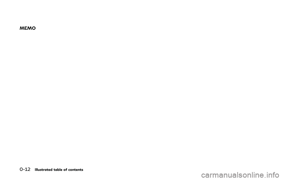 INFINITI Q60 COUPE 2020 User Guide 0-12Illustrated table of contents
MEMO 