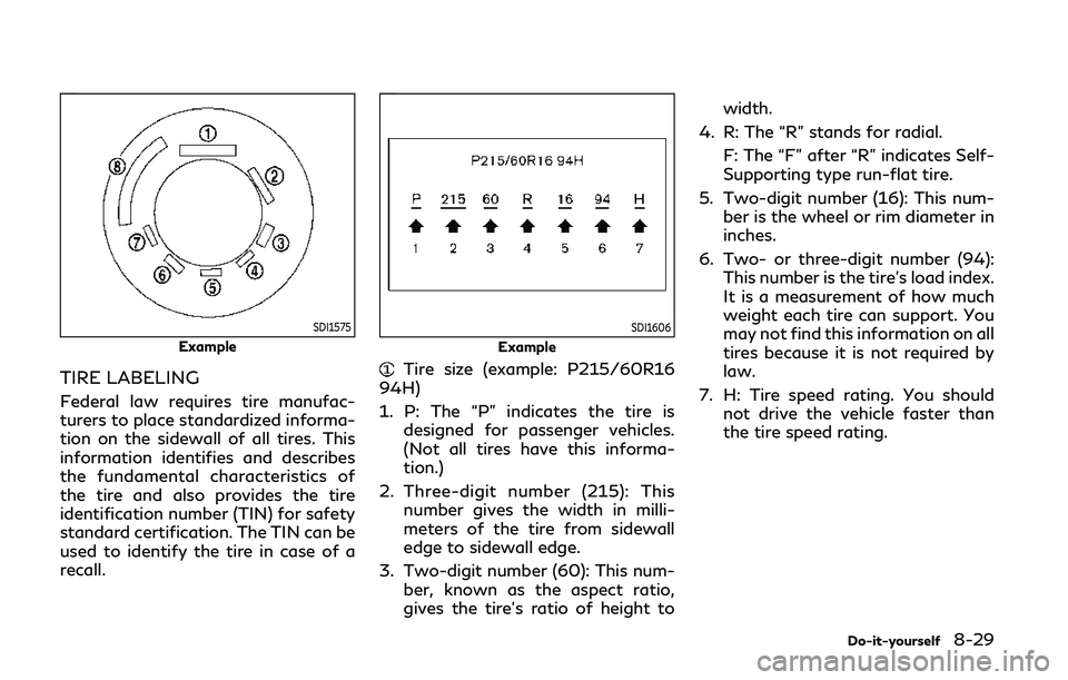 INFINITI Q60 COUPE 2020  Owners Manual SDI1575
Example
TIRE LABELING
Federal law requires tire manufac-
turers to place standardized informa-
tion on the sidewall of all tires. This
information identifies and describes
the fundamental char
