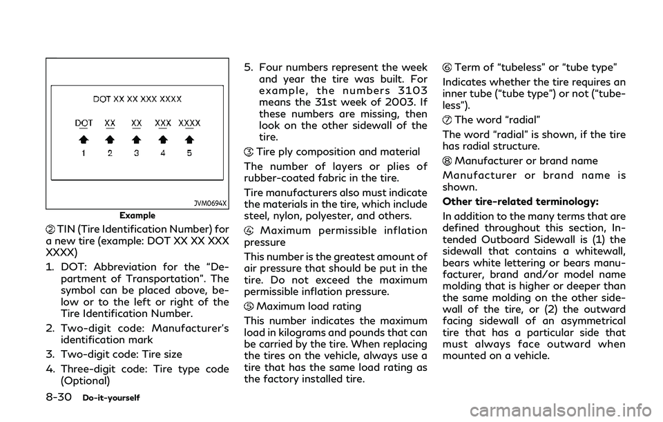 INFINITI Q60 COUPE 2020 User Guide 8-30Do-it-yourself
JVM0694X
Example
TIN (Tire Identification Number) for
a new tire (example: DOT XX XX XXX
XXXX)
1. DOT: Abbreviation for the “De- partment of Transportation”. The
symbol can be p