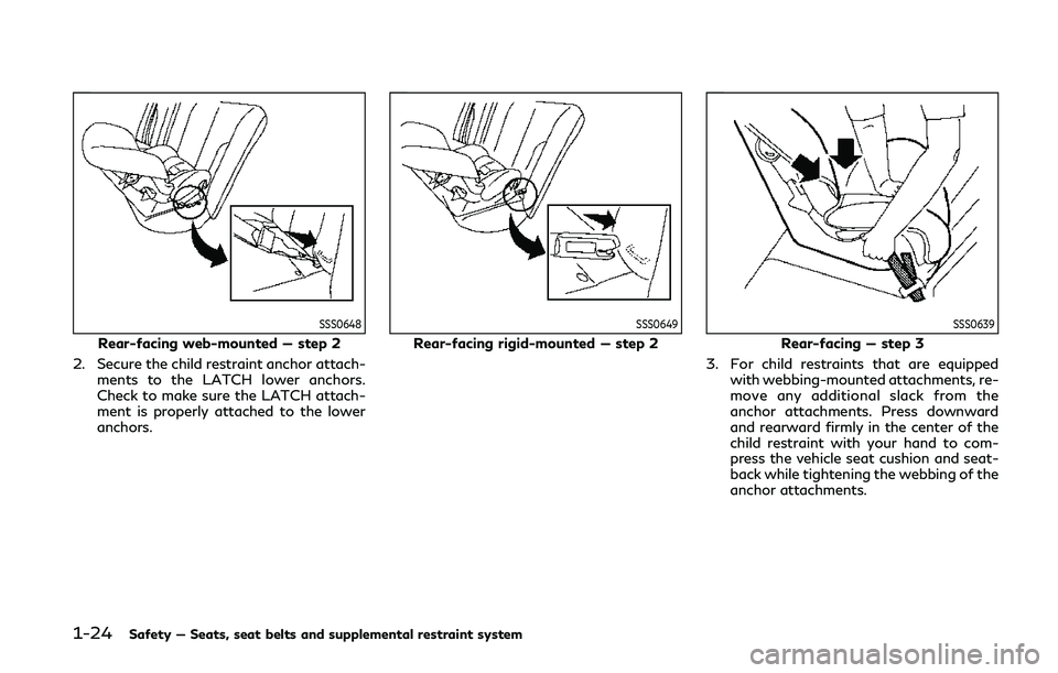 INFINITI Q60 COUPE 2020 Service Manual 1-24Safety — Seats, seat belts and supplemental restraint system
SSS0648
Rear-facing web-mounted — step 2
2. Secure the child restraint anchor attach- ments to the LATCH lower anchors.
Check to ma