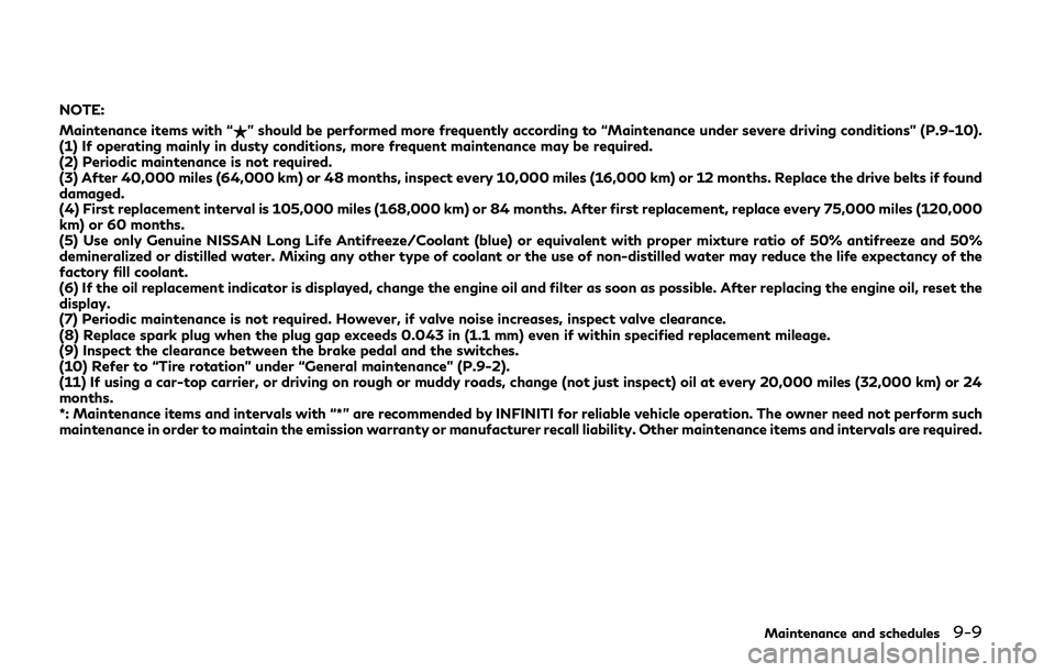 INFINITI Q60 COUPE 2020 Owners Guide NOTE:
Maintenance items with “$” should be performed more frequently according to “Maintenance under severe driving conditions” (P.9-10).
(1) If operating mainly in dusty conditions, more freq INFINITI Q60 COUPE 2020 Owners Guide NOTE:
Maintenance items with “$” should be performed more frequently according to “Maintenance under severe driving conditions” (P.9-10).
(1) If operating mainly in dusty conditions, more freq